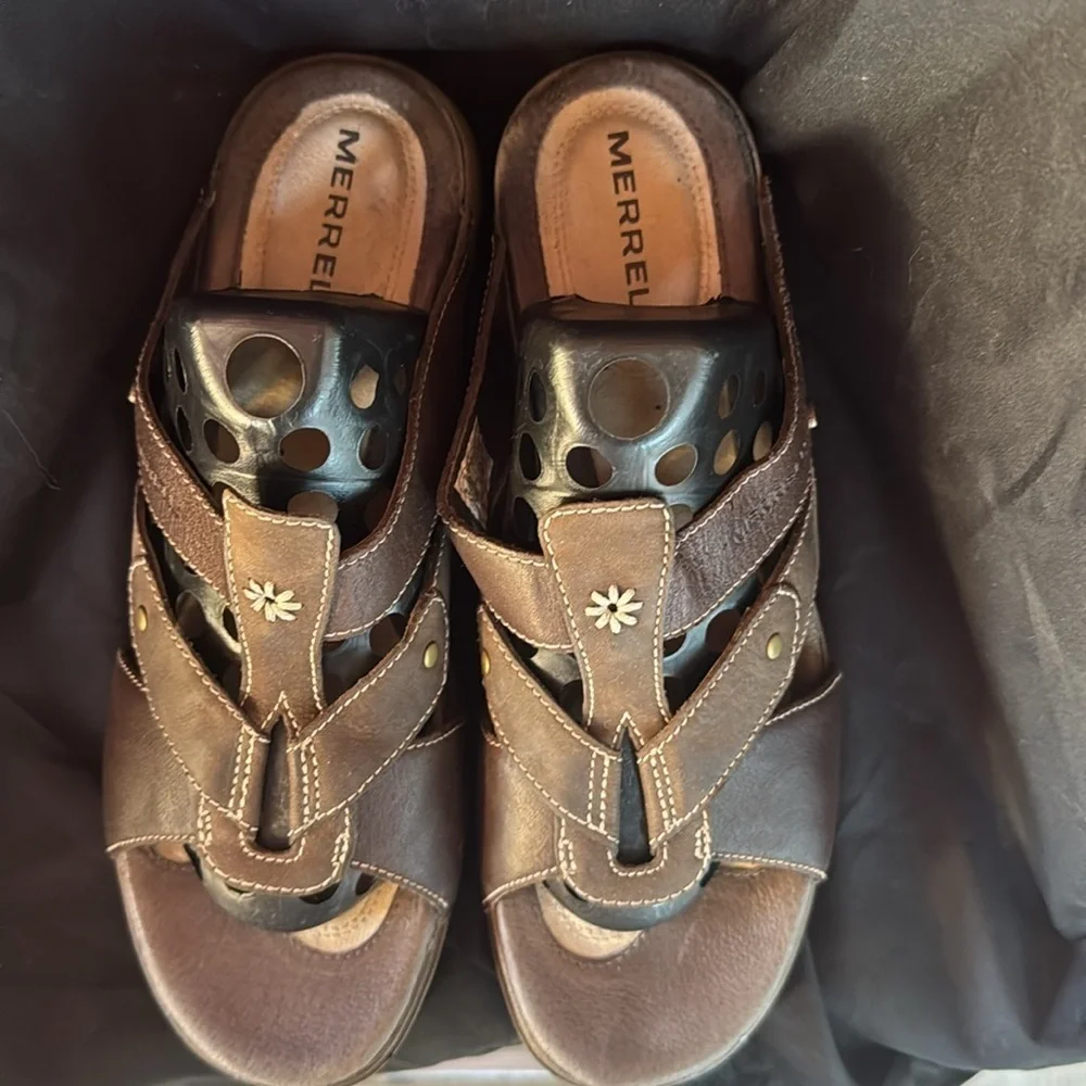 🍍 Merrell Luxe Slide Mink Sandals Brown Leather Women's Size 8 Wedge Heel🍍